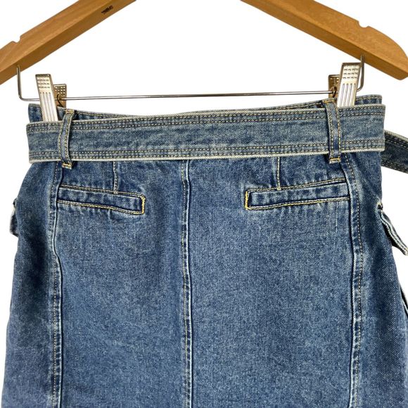 Pixie Market AR Denim Cargo Pocket Mini Skirt Sz S Blue Belted A-Line Y2K - Picture 7 of 12